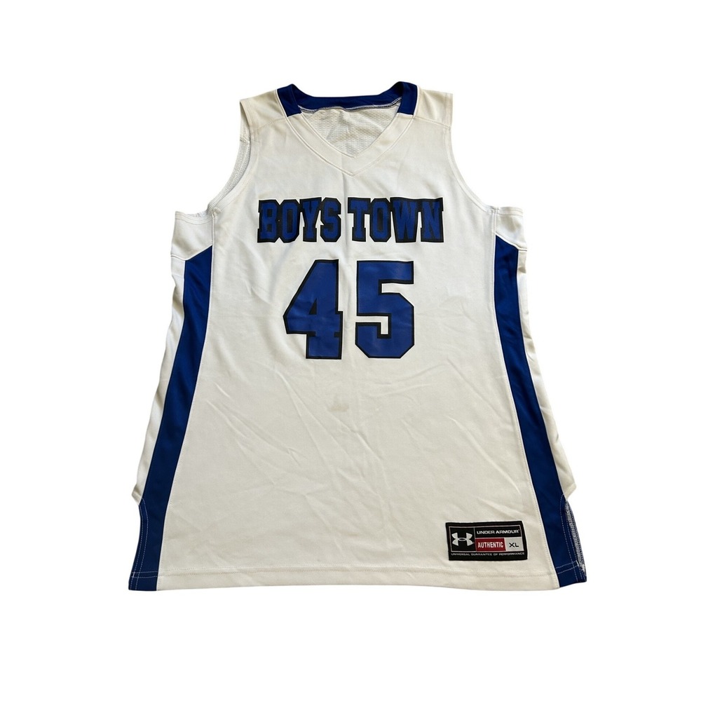Under Armour Boys Town Basketball Jersey Mens XL White Blue 45 Authentic Good